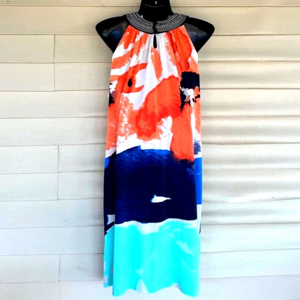 COPY - ALFANI  Abstract Floral Orange, Blue and Turquoise Keyhole Sleeveless Dr…
